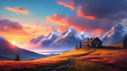 scenery featuring mountains. In the highlands is a lonely home. vivid sunset. scenery including a forest and mountains. - obrazy, fototapety, plakaty