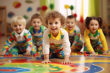 Children in kindergarten play with various toys on the floor, educational toy twister. Children's...