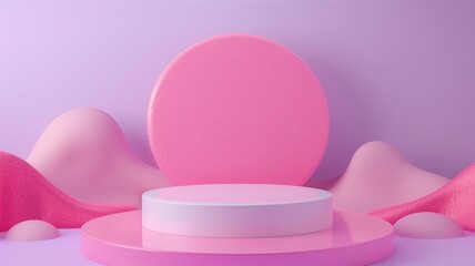 Round ceramic pink podium on pastel purple background