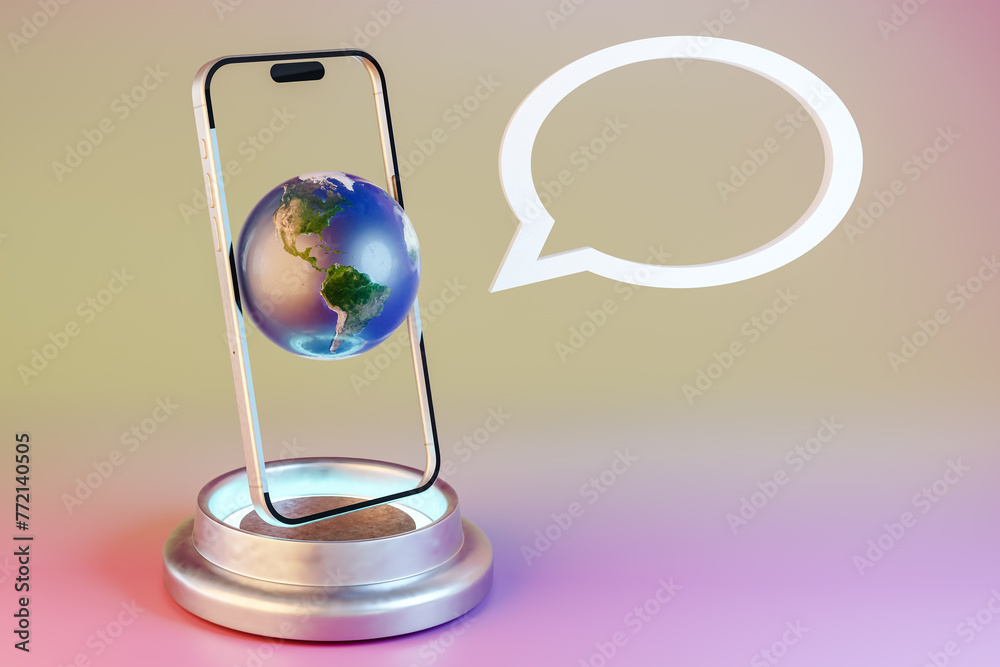 Wall mural a cell phone is on a stand with a globe on top of it. 3d render