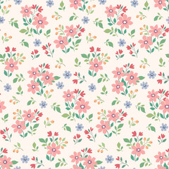 Seamless floral pattern, liberty ditsy print, abstract nature ornament in pretty folk motif. Cute botanical design: small hand drawn flowers, tiny leaves in pastel spring colors. Vector illustration.