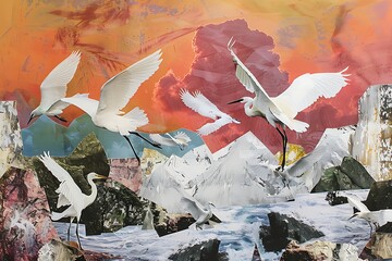 Contemporary art collage of white birds on surreal landscape cc - Powered by Adobe