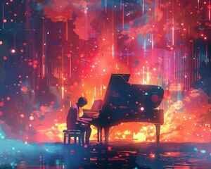 Musical storytelling in an animated world, where instruments are made of vibrant watercolors and glow with energy. - obrazy, fototapety, plakaty