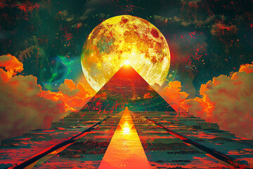 Sun god pyramid ritual, sunset, vibrant colors, low angle, ceremonial grandeur