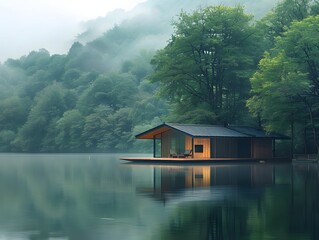 Fototapeta premium Serenity abounds as a sleek modern residence overlooks the calm expanse of a lake, embraced by the ethereal mist drifting through the surrounding lush forest.