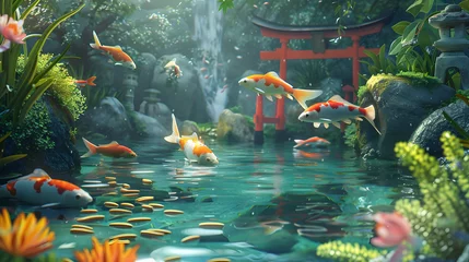 Foto op Plexiglas Maintenance and Care Practices for the Vibrant Koi Fish in a Japanese-style Pond © Jeffery