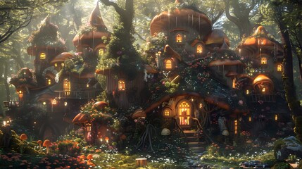 A captivating mushroom village nestles in a lush forest, radiating enchantment with twinkling lights and flowers.