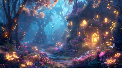 An inviting magical cottage enveloped by an enchanted forest with blooming flowers and mystical lights.