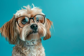 dog with glasses on a blue background. fashionable dog. close-up. generative ai