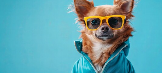 dog with glasses on a blue background. fashionable dog. close-up. generative ai
