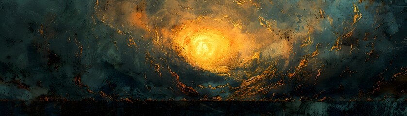 An abstract artwork featuring a swirling golden glow on a rugged, textured surface, resembling an aerial view of a fiery landscape. - obrazy, fototapety, plakaty