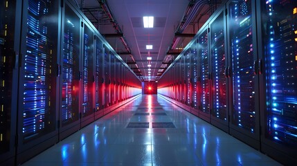 Fototapeta premium A corridor in a modern data center lined with racks of servers emitting blue and red lights, depicting high-speed data processing.