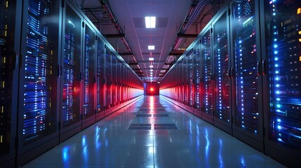 A corridor in a modern data center lined with racks of servers emitting blue and red lights, depicting high-speed data processing.