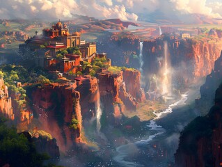 An imaginative digital artwork of a grand palace perched on towering cliffs with majestic waterfalls cascading into a river below. - obrazy, fototapety, plakaty