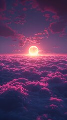 A mesmerizing display of fluffy clouds bathed in pink hues beneath a radiant full moon in a star-speckled sky.