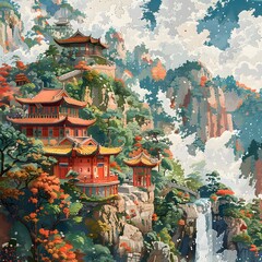 Obraz premium Pixel art captures a serene temple perched on a rugged cliff, overlooking a valley blanketed in the warm hues of autumn foliage.