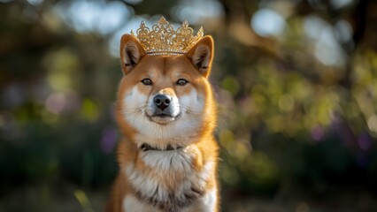 Shiba Inu Hund mit goldener Krone Nahaufnahme für Poster und Kalender, ai generativ