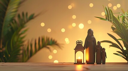 3D Muslim family decor with Ramadan decor with a simple background