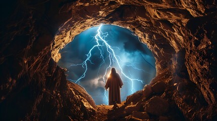 Jesus Emerging with Lightning, Jesus, lightning, round shape - obrazy, fototapety, plakaty