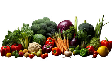 Assorted harvest of fruits and vegetables in vibrant colors and various shapes, showcasing diversity and abundance