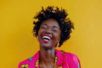 Young Adult Portrait. Smiling African American Woman in Colorful Pink Clothes Laughing Happily