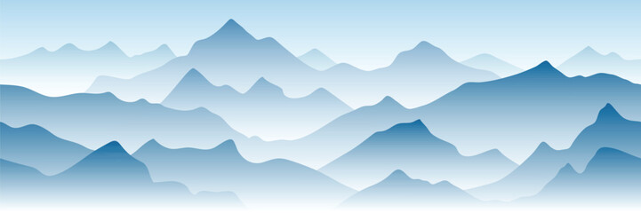 Mountain ranges in the fog, seamless border, panoramic view, vector illustration	