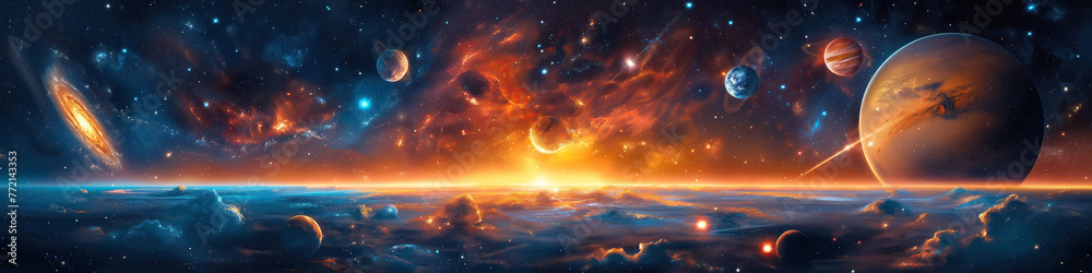 Wall mural panorama of fantastic multicolored outer space with stars, constellations, galaxies, planets