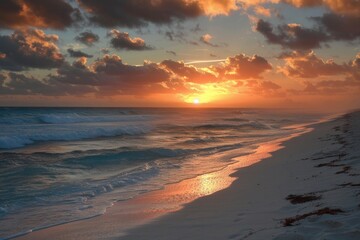 Fototapeta na wymiar Beach Ocean. Sunrise Over Cancun Coastline: Tropical Beauty of Mexico