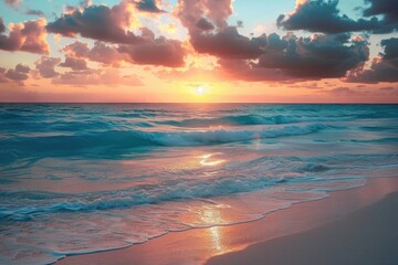 Fototapeta na wymiar Beach And Ocean. Stunning Sunrise Over Cancun Beach, Tropical Beauty
