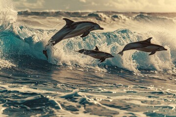 Fototapeta premium Wild Animals. Playful Red Bottlenose Dolphin Family in the Aquatic Habitat of Hawaii Pacific Ocean