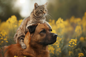 An unlikely friendship in full bloom, as a serene cat perches atop a loyal dog amidst a field of yellow flowers, both gazing into the distance. - obrazy, fototapety, plakaty