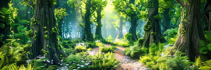 Enchanted Forest Pathway Lit by Sunlight, A Magical Journey Through Nature, Perfect for Fantasy and Adventure Themes