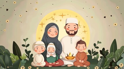 Obraz na płótnie Canvas 3D Muslim family decor with Ramadan decor with a simple background