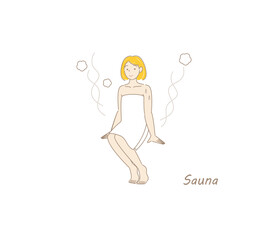 サウナから水風呂の後、休憩スペースへ移動し、外気に当たりながら体を冷ましている可愛い女性 ととのう サウナ女子 シンプル イラスト ベクター