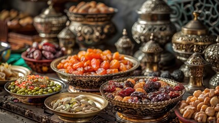 A visually appealing arrangement of assorted dates, nuts, and dried fruits served in ornate bowls as part of a Sehr feast. 8K - obrazy, fototapety, plakaty