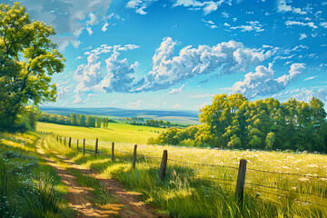 Fototapeta na wymiar green fields farmland rural landscape agriculture illustration nature panorama