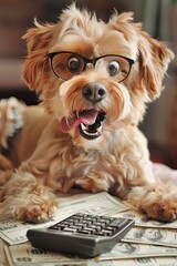 Cute dog with glasses. his mouth is wide open in surprise. big surprise. looks at a calculator with a large stack of bills. generative ai
