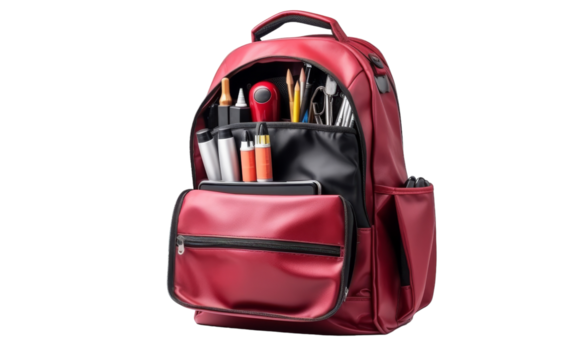 A red backpack bursting with an assortment of colorful pens and pencils