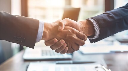 Two Businessmen Celebrate Successful Negotiation with Handshake, Symbolizing Partnership and Teamwork in Business Deal