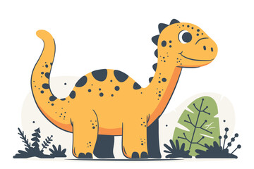Colorful flat vector illustration of a friendly orange cartoon dinosaur standing happily among simple plants.