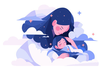 Vector illustration of a mother and child sleeping peacefully on a cloud, surrounded by stars.