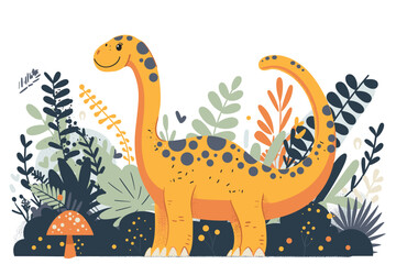 Bright and playful illustration of a smiling cartoon dinosaur surrounded by lush prehistoric plants