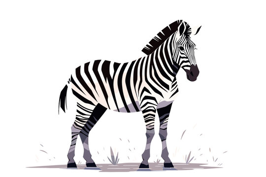 Graphic illustration of zebra standing, with a simple white background. Flat vector.