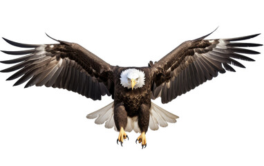 A bald eagle gracefully spreads its wings while soaring through the air