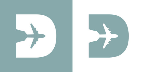 Logo travel. Letra inicial D con silueta de avión en espacio negativo para agencia de viajes - 772145764