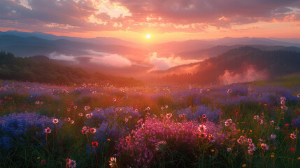 A breathtaking sunrise over the misty mountains, with vibrant wildflowers blooming abundantly and casting soft hues across the landscape. Created with Ai - obrazy, fototapety, plakaty