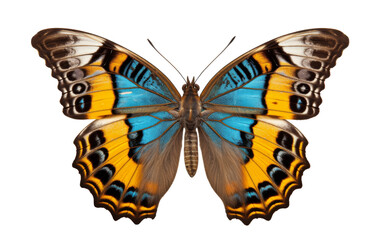 Fototapeta premium A vibrant blue and yellow butterfly gracefully flutters on a serene white background