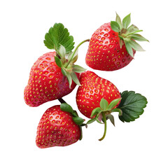 Four ripe strawberries with green leaves on a transparent background
