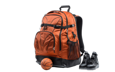 A basketball, pair of shoes, and backpack arranged together