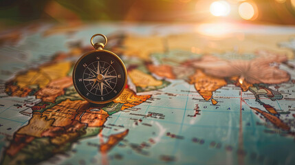 
A compass, a tool utilized for navigation and orientation relative to the cardinal directions, is depicted against the backdrop of a world map - obrazy, fototapety, plakaty
